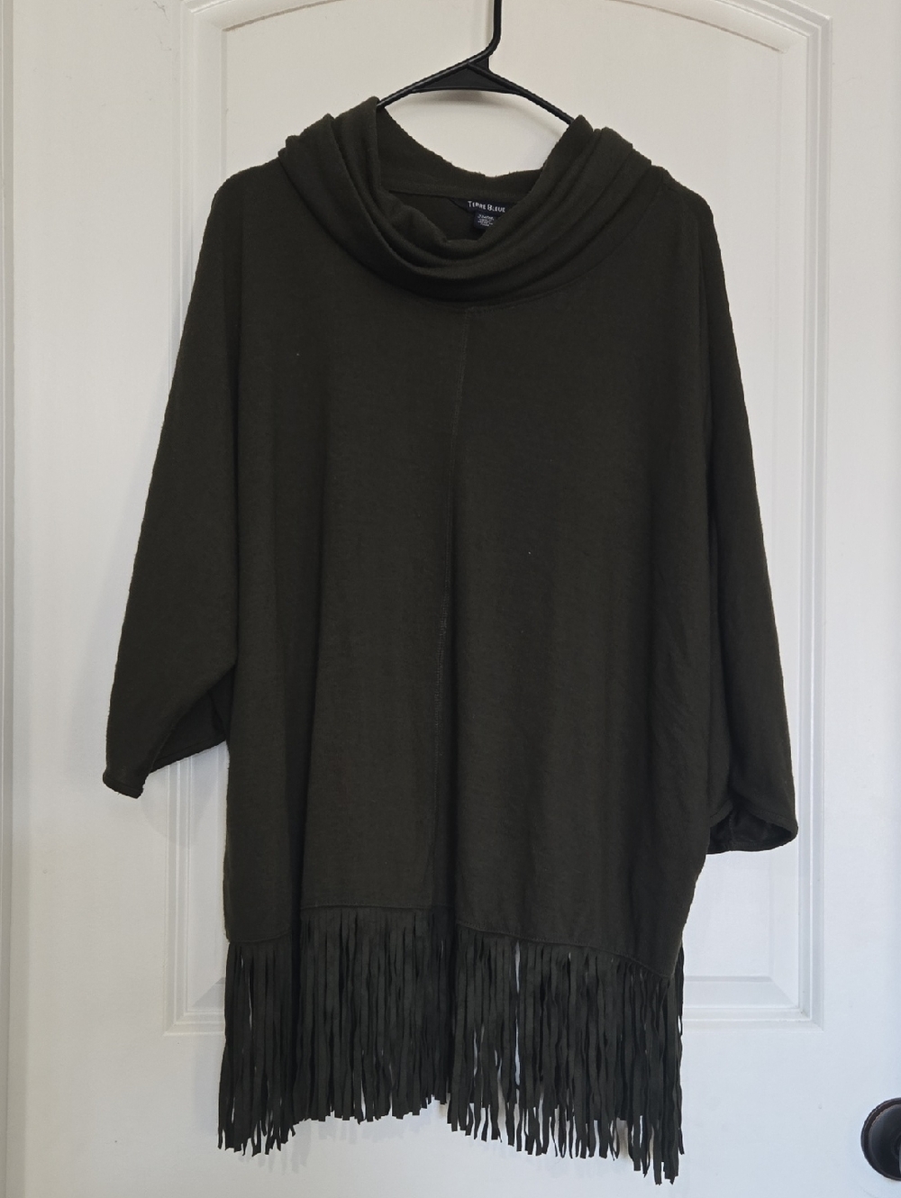 Women's Olive Green Fringe Hem Tunic with Cowl Neck